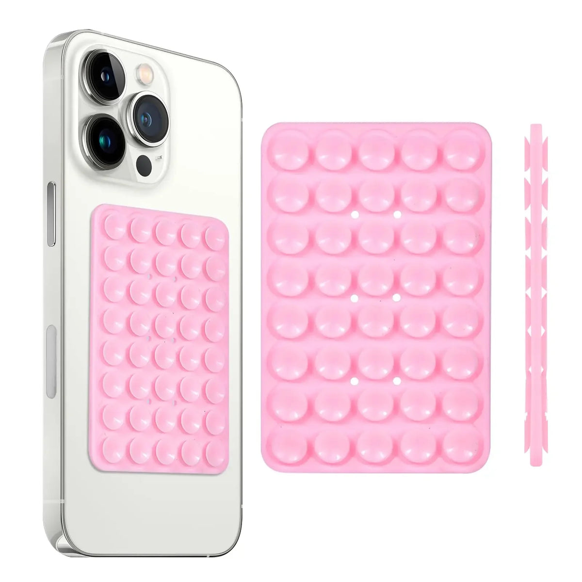 Sujetador para teléfono con ventosa doble, almohadillas de silicona y palito de plástico transparente.