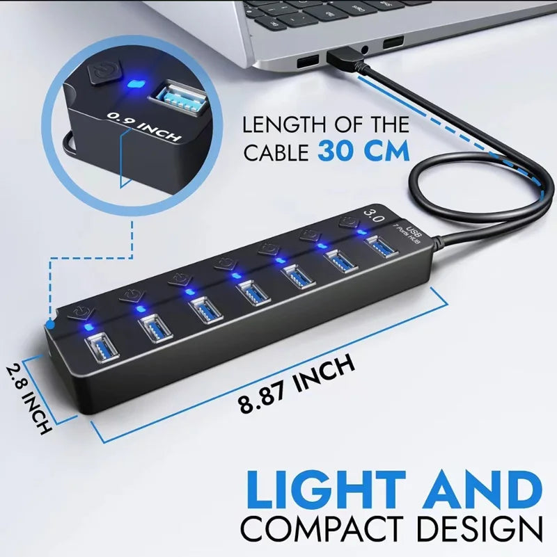 موزع USB 3.0 أسود متعدد المنافذ مع مؤشرات LED، بجوار حاسوب محمول وتفاصيل الكابل.