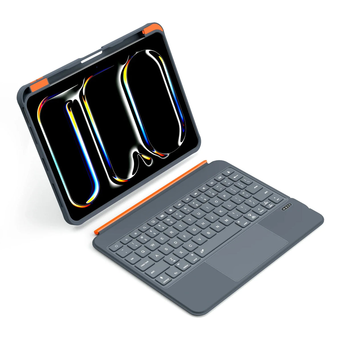 A gray keyboard case designed to fit an iPad, shown next to the open device displaying a colorful rotating graphic.