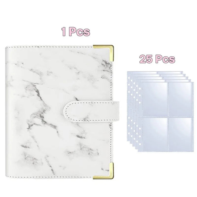 A white marble A5 photo album binder with a gold accent, shown next to 25 individual clear photo pages.