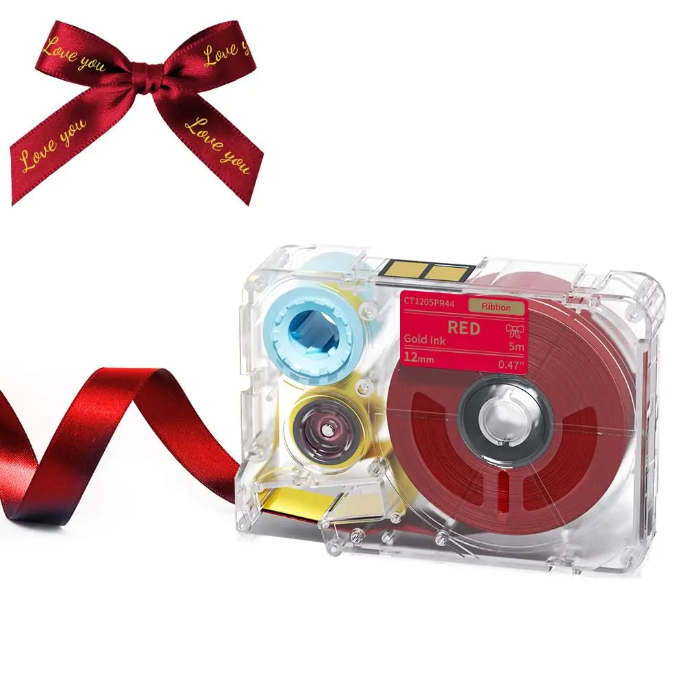 A red ribbon bow and a clear plastic label maker with a red ink cartridge.
