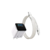A white charging cable with a connector is shown next to a black smart display charger.