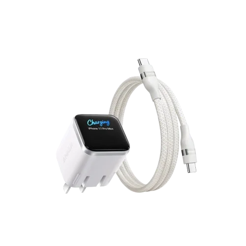 A white charging cable with a connector is shown next to a black smart display charger.