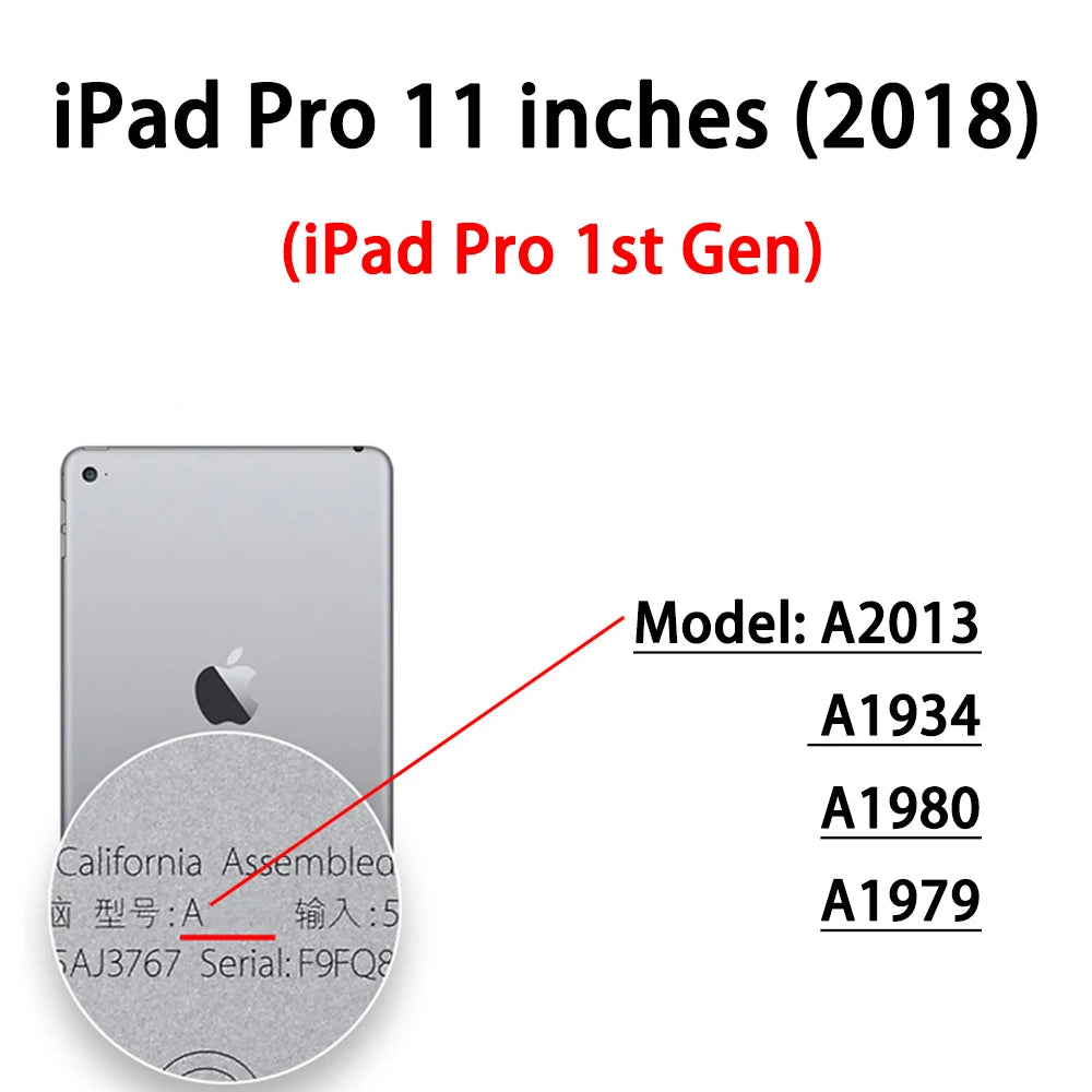 A close-up view of an iPad Pro 1st Gen model showing the model number A2013 and serial number F9FQ8.
