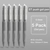 A set of five smooth writing gel pens with black ink, shown vertically against a gray background.