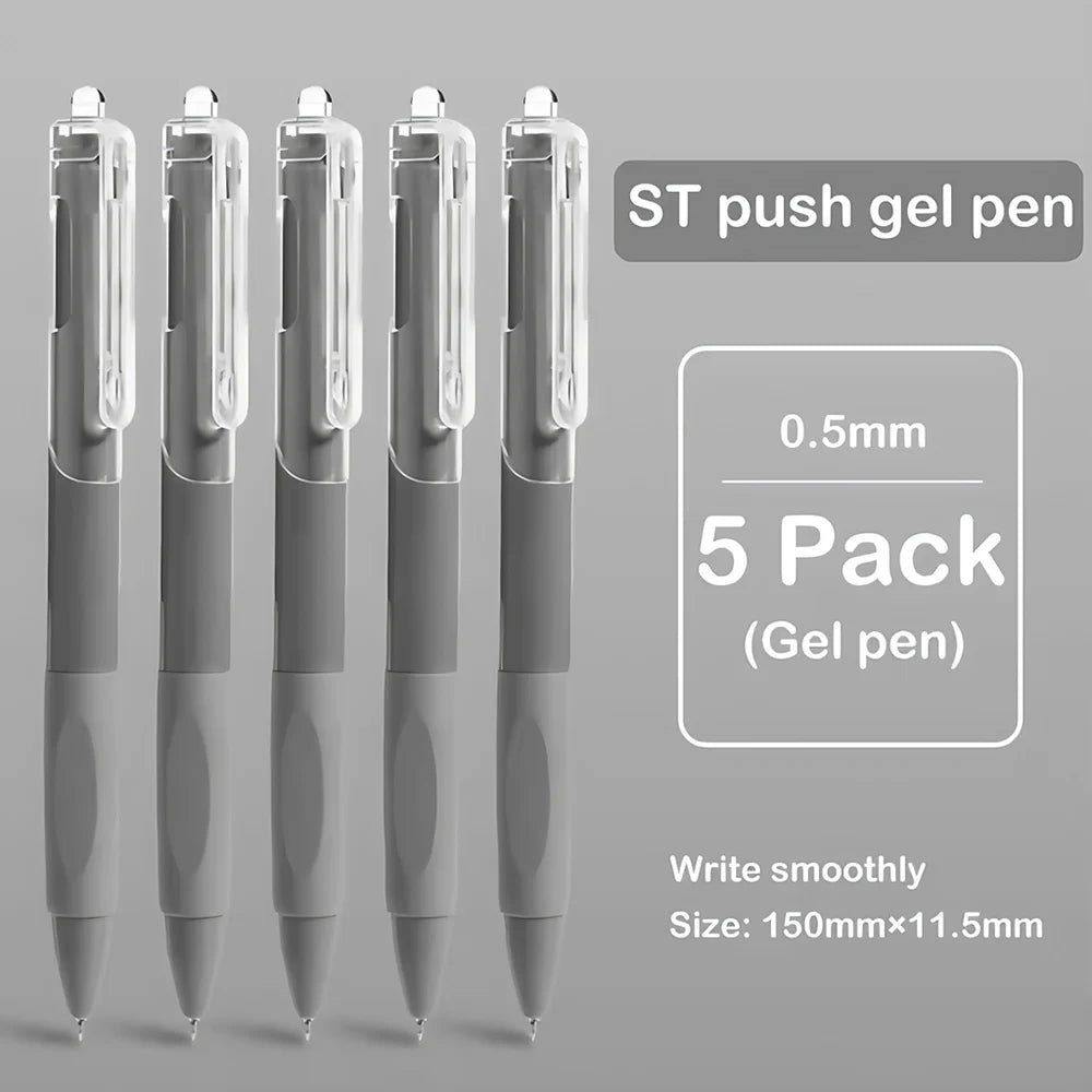 A set of five smooth writing gel pens with black ink, shown vertically against a gray background.