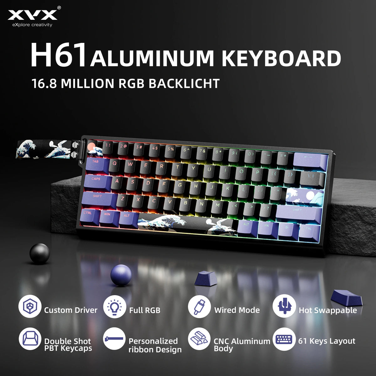 An H61 Aluminum Keyboard featuring 16.8 million RGB backlight, showcasing its design and features.
