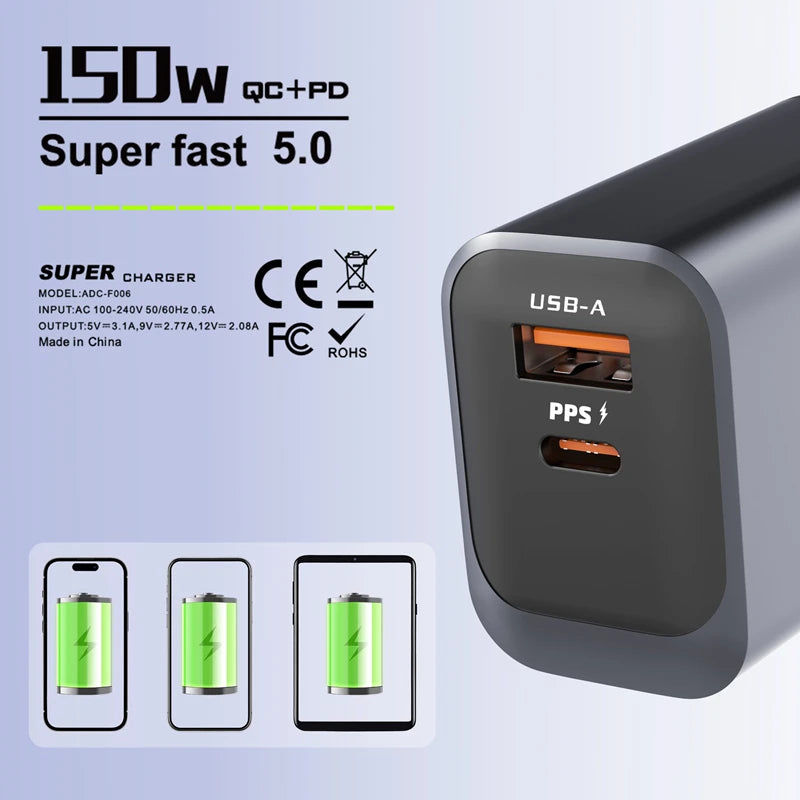 A black wall charger with USB-A and PPS ports is shown next to smartphone icons.
