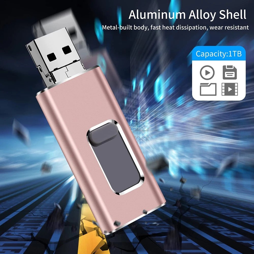 A pink aluminum alloy USB flash drive with a metal-built body is shown against a blue, futuristic background.