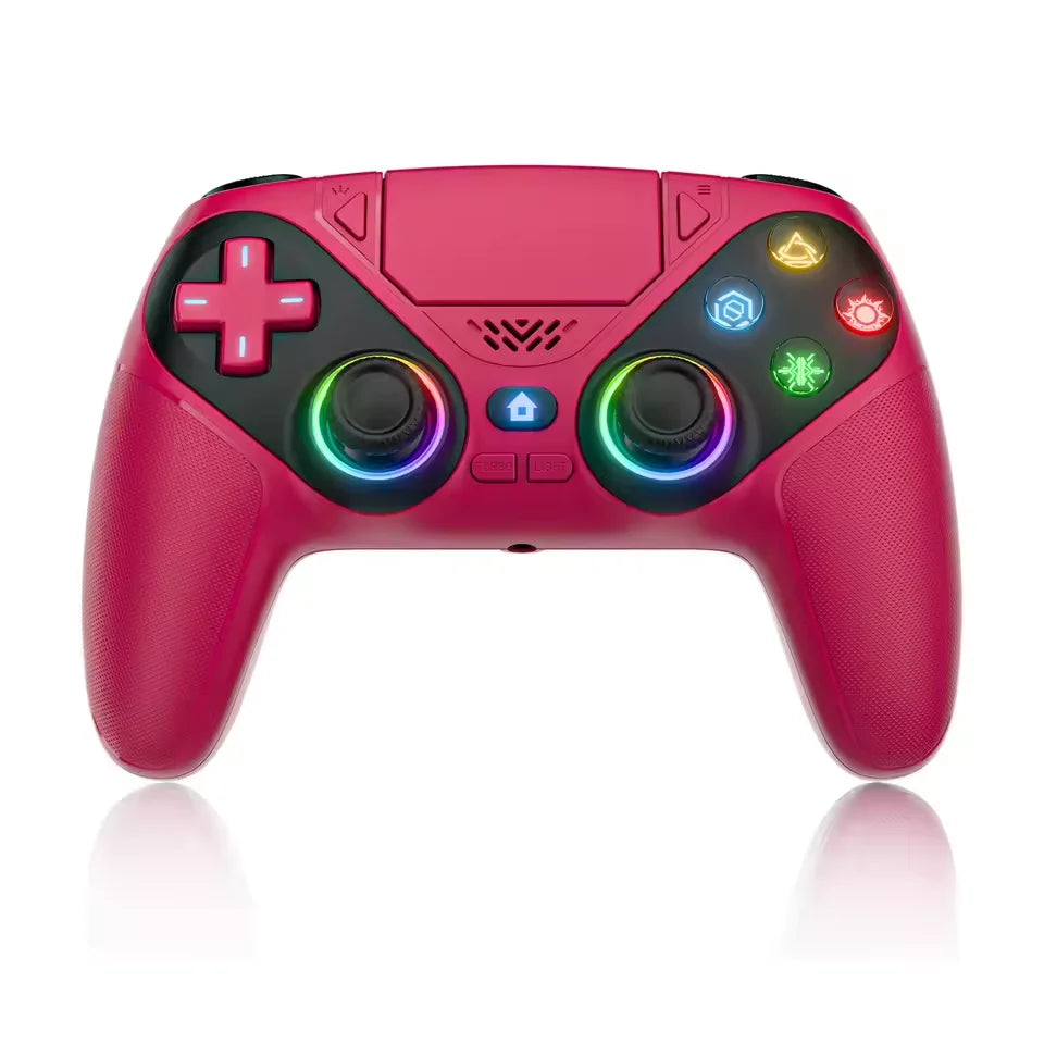A pink RGB wireless gaming controller with various buttons and a central touchpad.