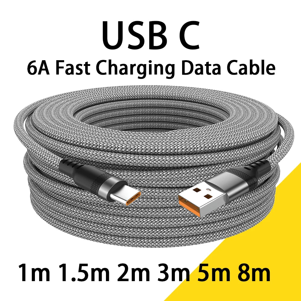 A coiled gray braided nylon USB C fast charging data cable with various lengths shown.