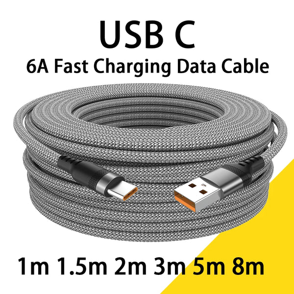 A coiled gray braided nylon USB C fast charging data cable with various lengths shown.