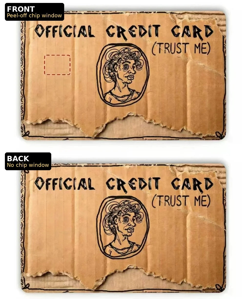 A pair of credit cards in brown cardboard packaging showing the front and back designs.