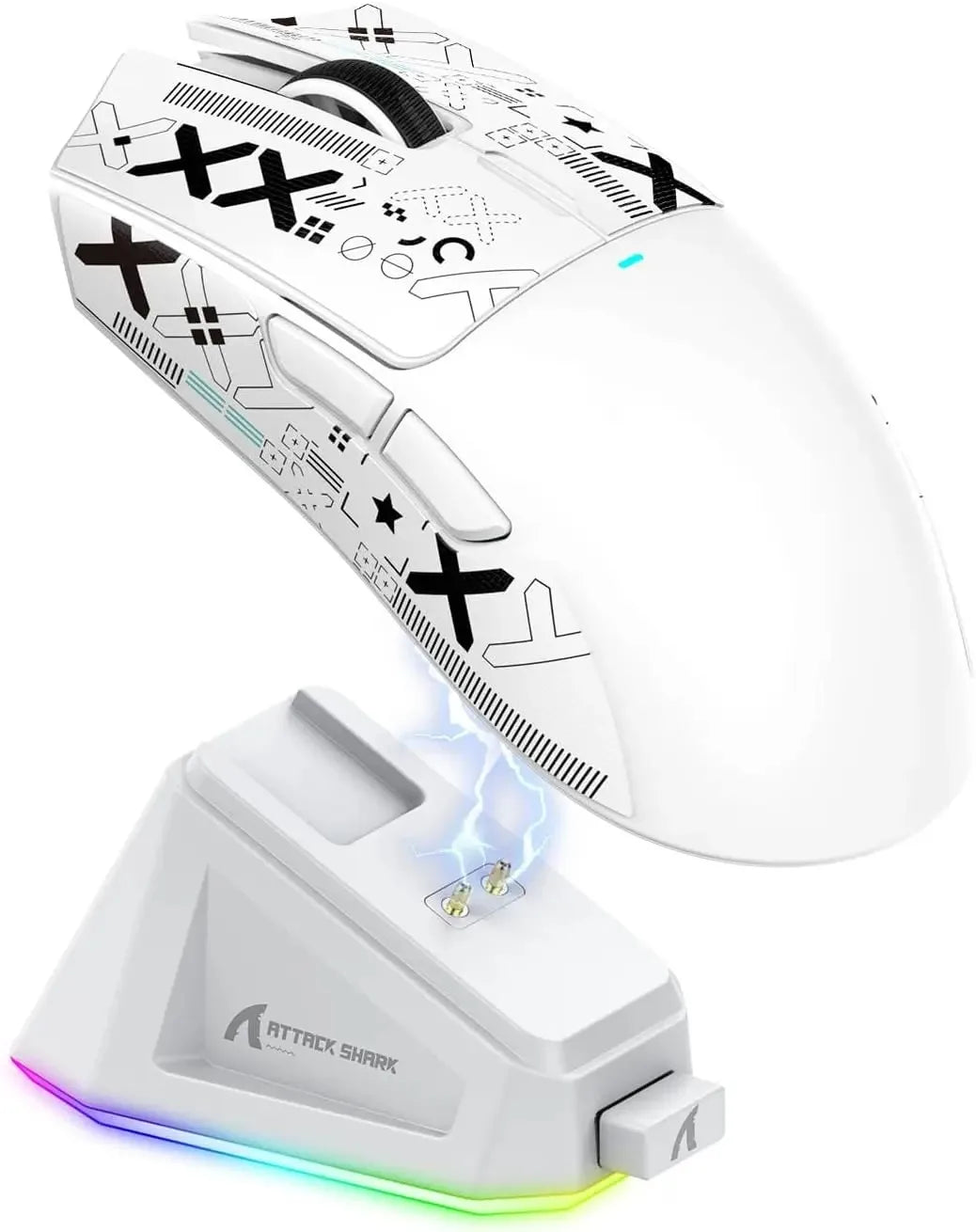 A white high-performance wireless gaming mouse with purple and green LED lighting is shown on a stand.
