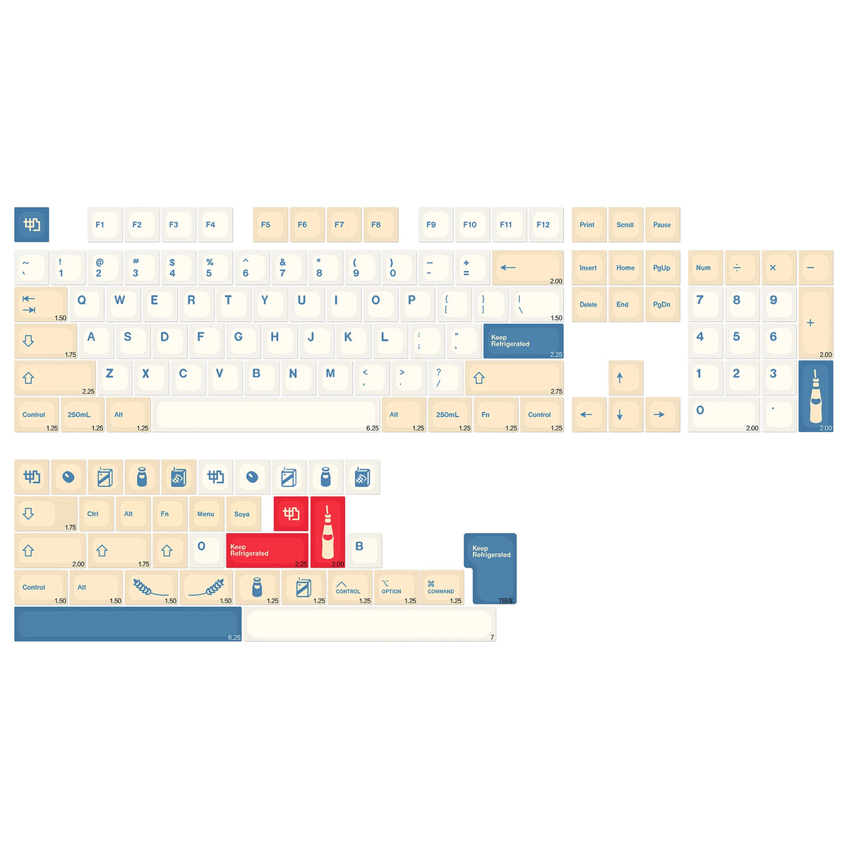 A white PBT keycap set featuring a full keyboard layout with various function and alphanumeric keys.