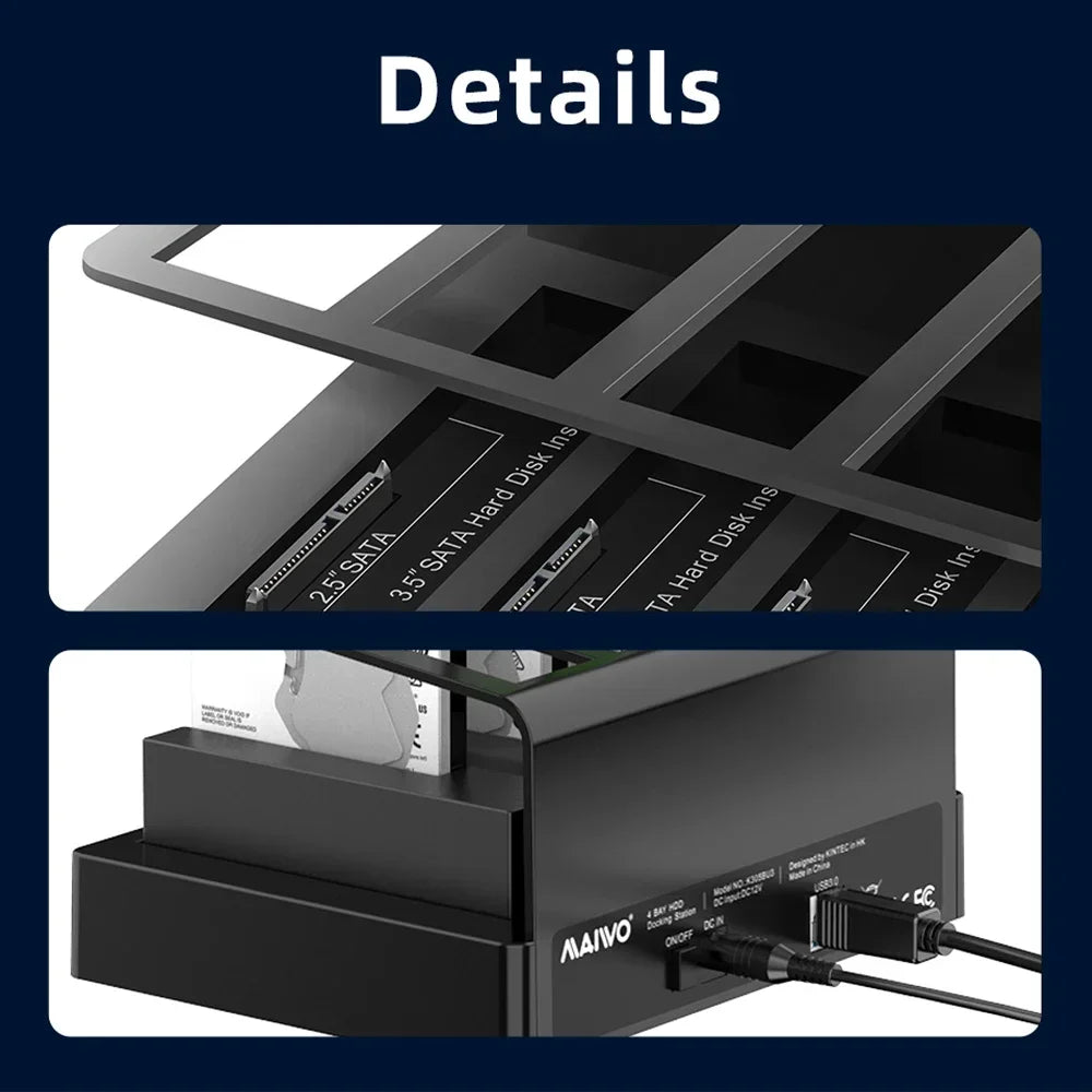 A black 4-bay external hard drive docking station showing internal drive slots and the unit itself.