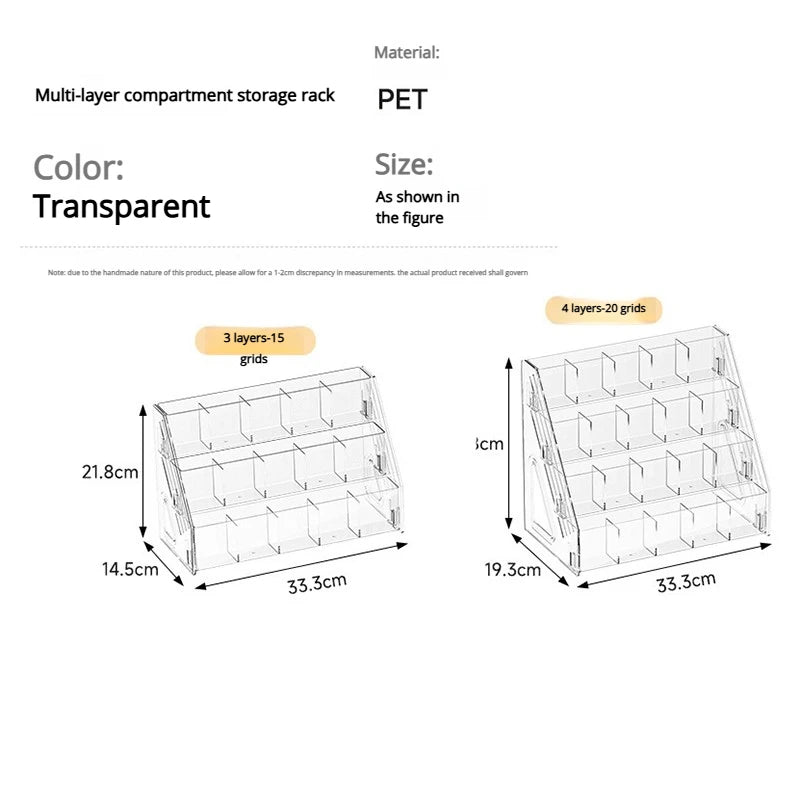 A transparent multi-layer compartment storage rack made of PET for organizing pens, pencils, and art supplies.