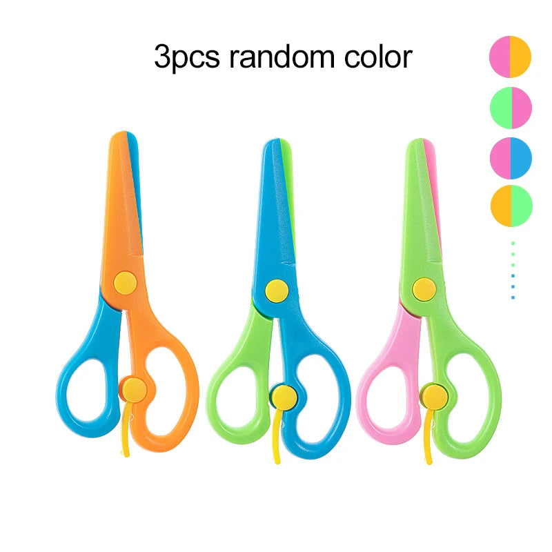 Three pairs of random color plastic scissors for crafting and office use displayed vertically.