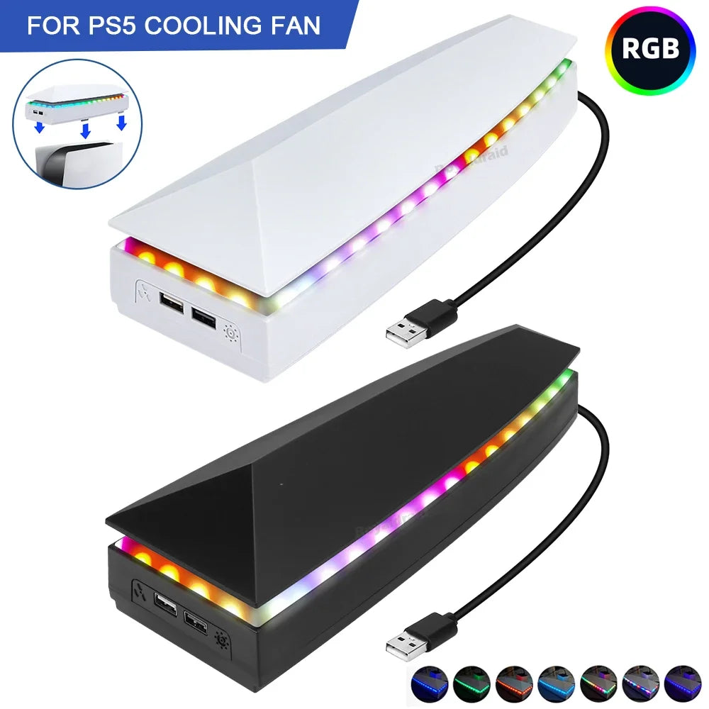 An RGB gaming cooler stand featuring a white and black fan with adjustable lighting.