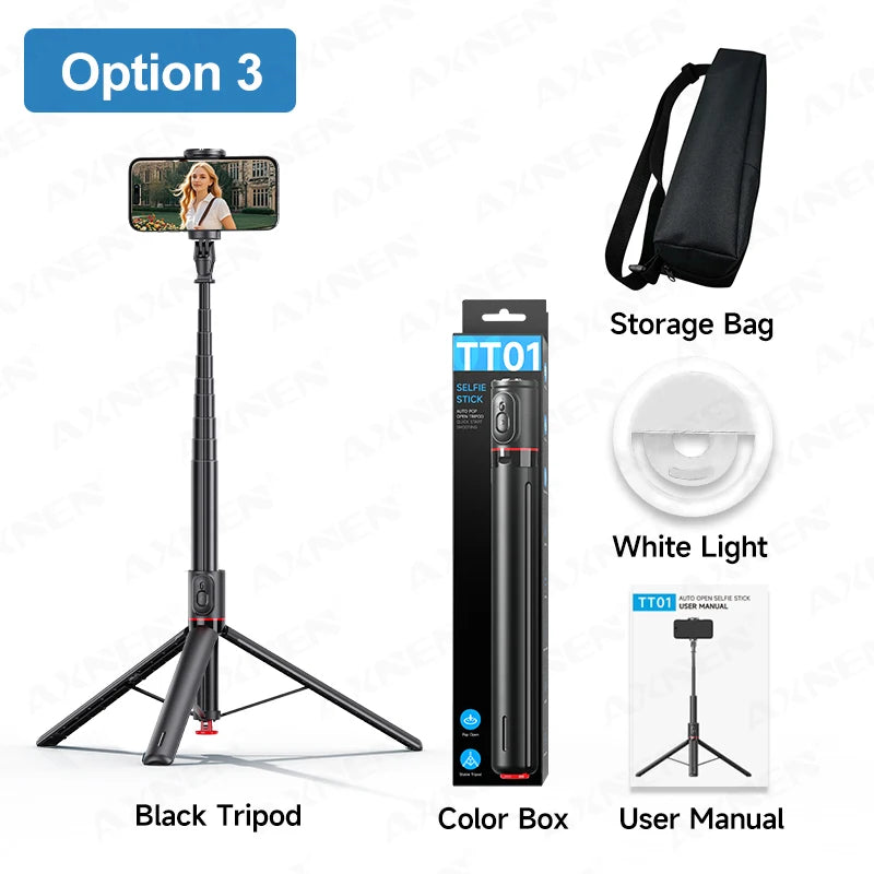 Option 3 shows a black tripod, a selfie stick, a storage bag, and a user manual for the auto pop-up tripod.
