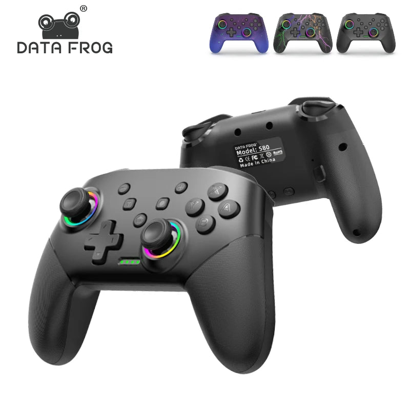 A black programmable controller for Nintendo Switch, shown with various color variations.