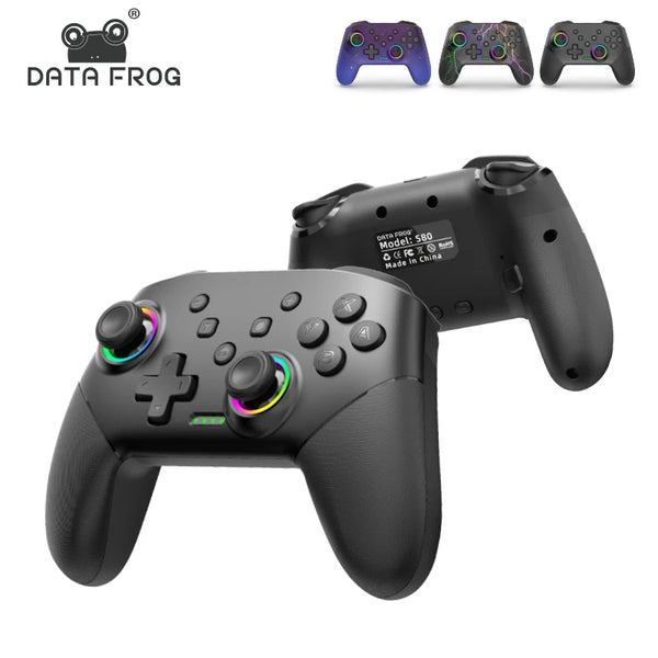 A black programmable controller for Nintendo Switch, shown with various color variations.
