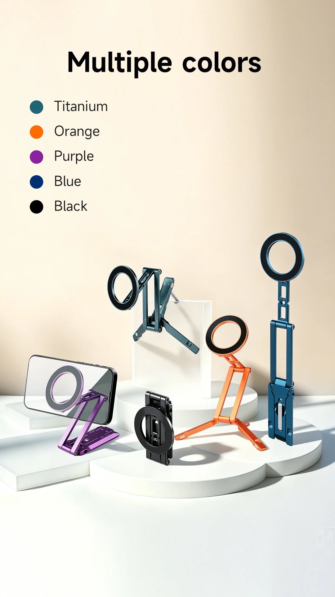 A collection of magnetic phone tripod stands in various colors including titanium, orange, purple, blue, and black.