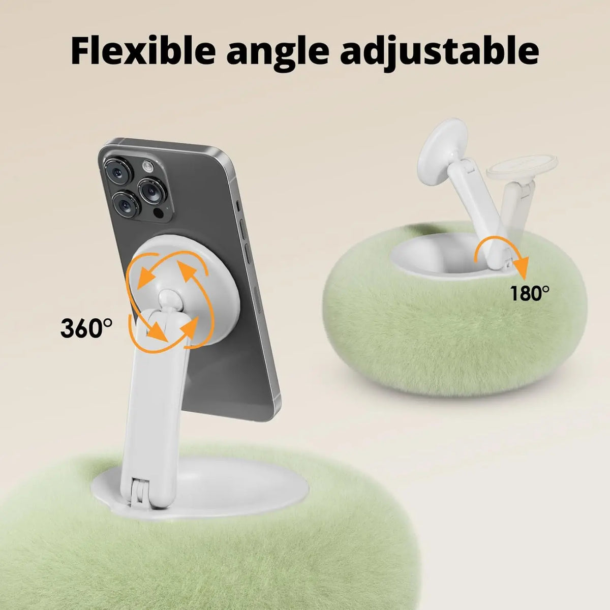 A smartphone is mounted on a flexible angle adjustable magnetic pillow stand, demonstrating 360 and 180 degree adjustments.