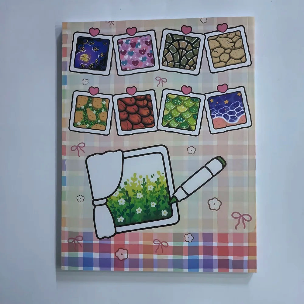 A colorful pattern coloring book featuring various food items and textures in a grid layout.