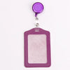 Purple PU leather retractable ID card holder with a purple reel and silver clip.