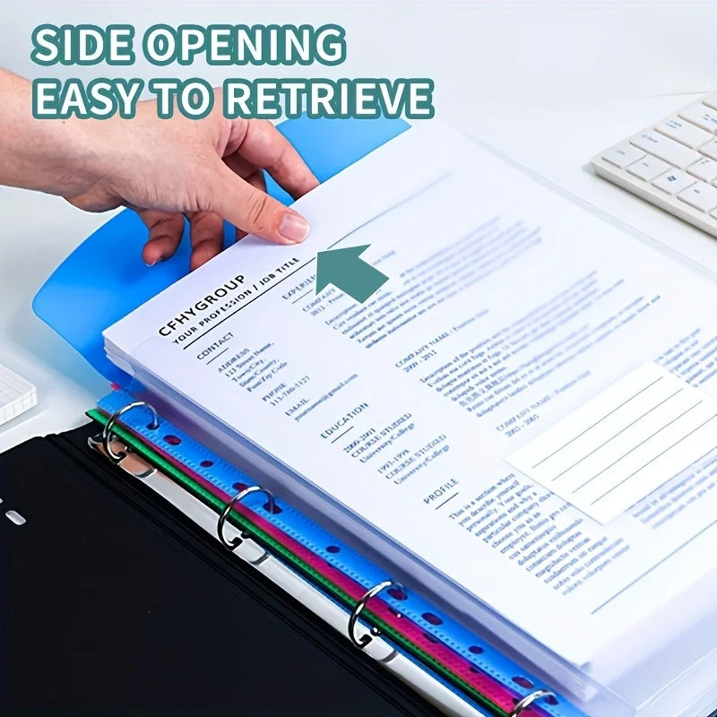 A hand is retrieving a document from an A4 expanding file with side opening pockets.