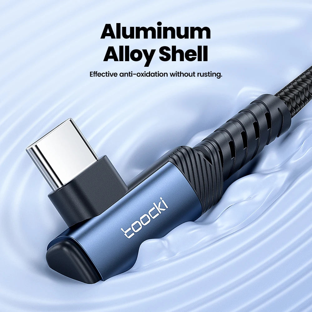 A blue aluminum alloy shell USB-C fast charging cable with a right-angle connector shown against a light background.
