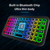 An ultra-thin Bluetooth keyboard with an RGB backlight showing a full QWERTY layout and function keys.