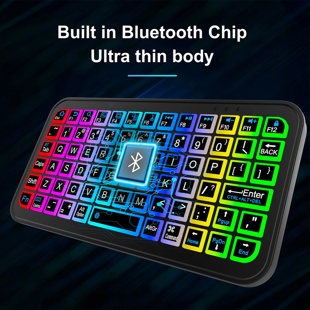 An ultra-thin Bluetooth keyboard with an RGB backlight showing a full QWERTY layout and function keys.