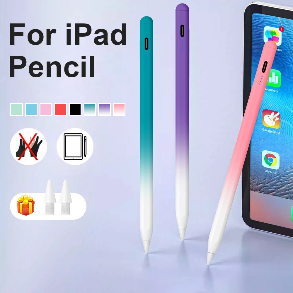 A pink precision magnetic stylus pen for iPad and iPhone shown next to color swatches and accessories.