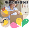 A woman is using a yellow plastic box opener and cutting tool to open a cardboard box.