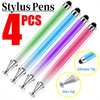 Four colored stylus pens with silicone and disc tips shown for tablets and phones