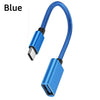 Blue USB-C to USB-A OTG adapter cable with metal connectors