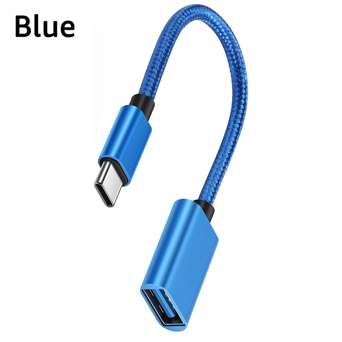 Blue USB-C to USB-A OTG adapter cable with metal connectors