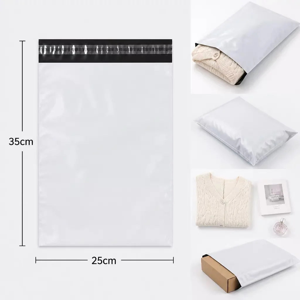 A white self-adhesive courier mailer bag with a black seal and a beige fabric pouch shown next to a folded white bag.
