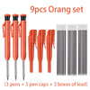 A set of nine orange precision carpenter pencils including pens, caps, and lead boxes.