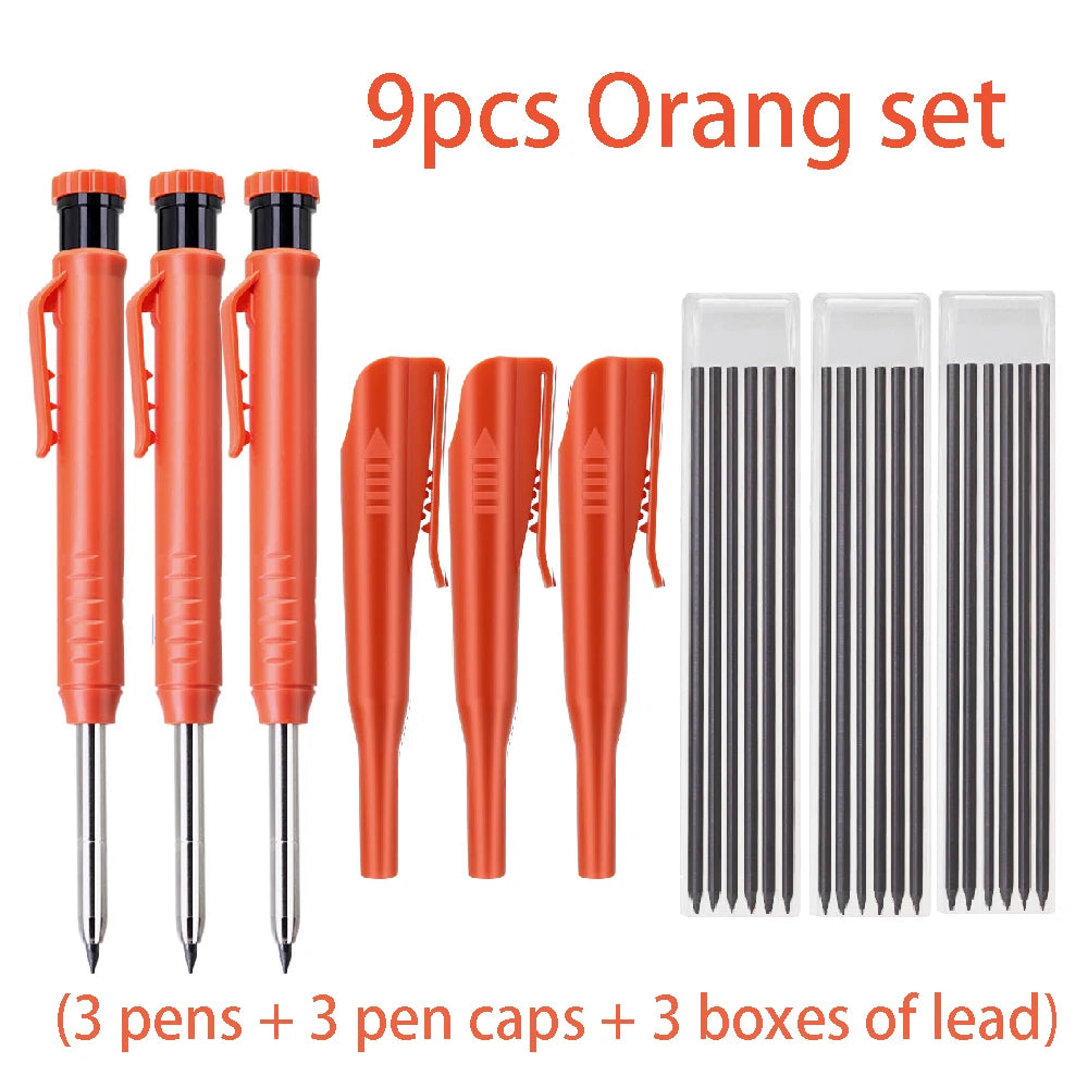 A set of nine orange precision carpenter pencils including pens, caps, and lead boxes.