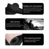 Close-up view of a black mouse pad showing anti-slip rubber bottom, clear printing, and fine stitching process.