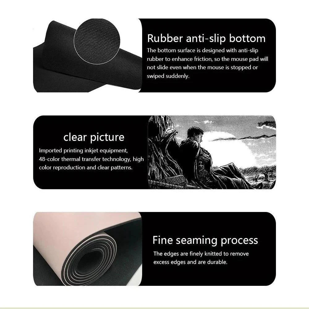 Close-up view of a black mouse pad showing anti-slip rubber bottom, clear printing, and fine stitching process.
