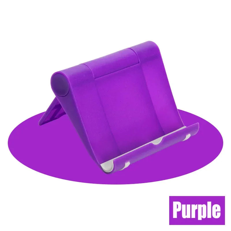 A purple flexible multi-angle tablet and phone desk stand.