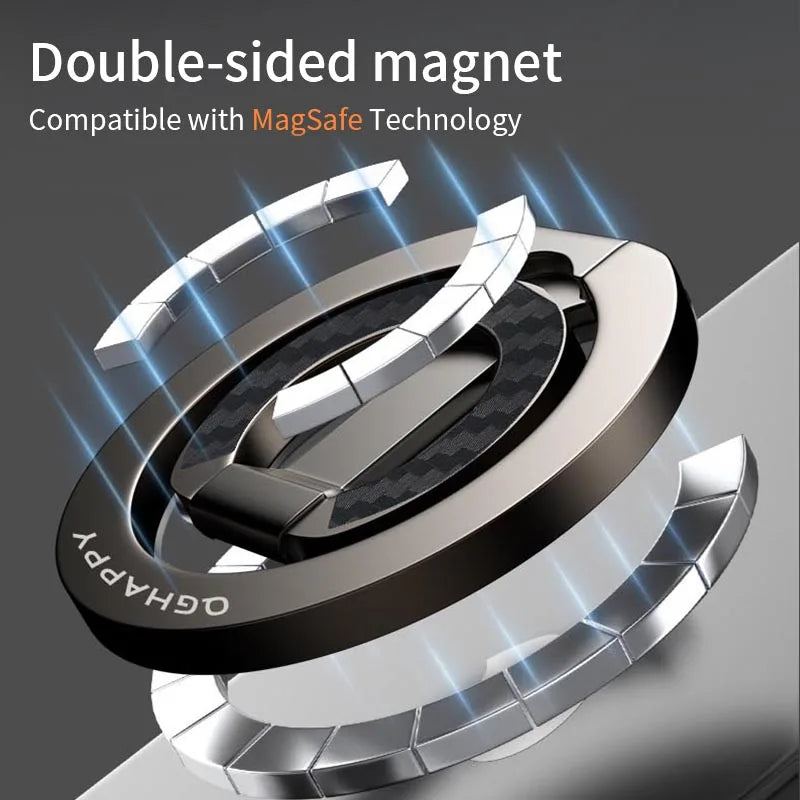 A double-sided magnet phone ring holder with a black and silver design, compatible with MagSafe technology.
