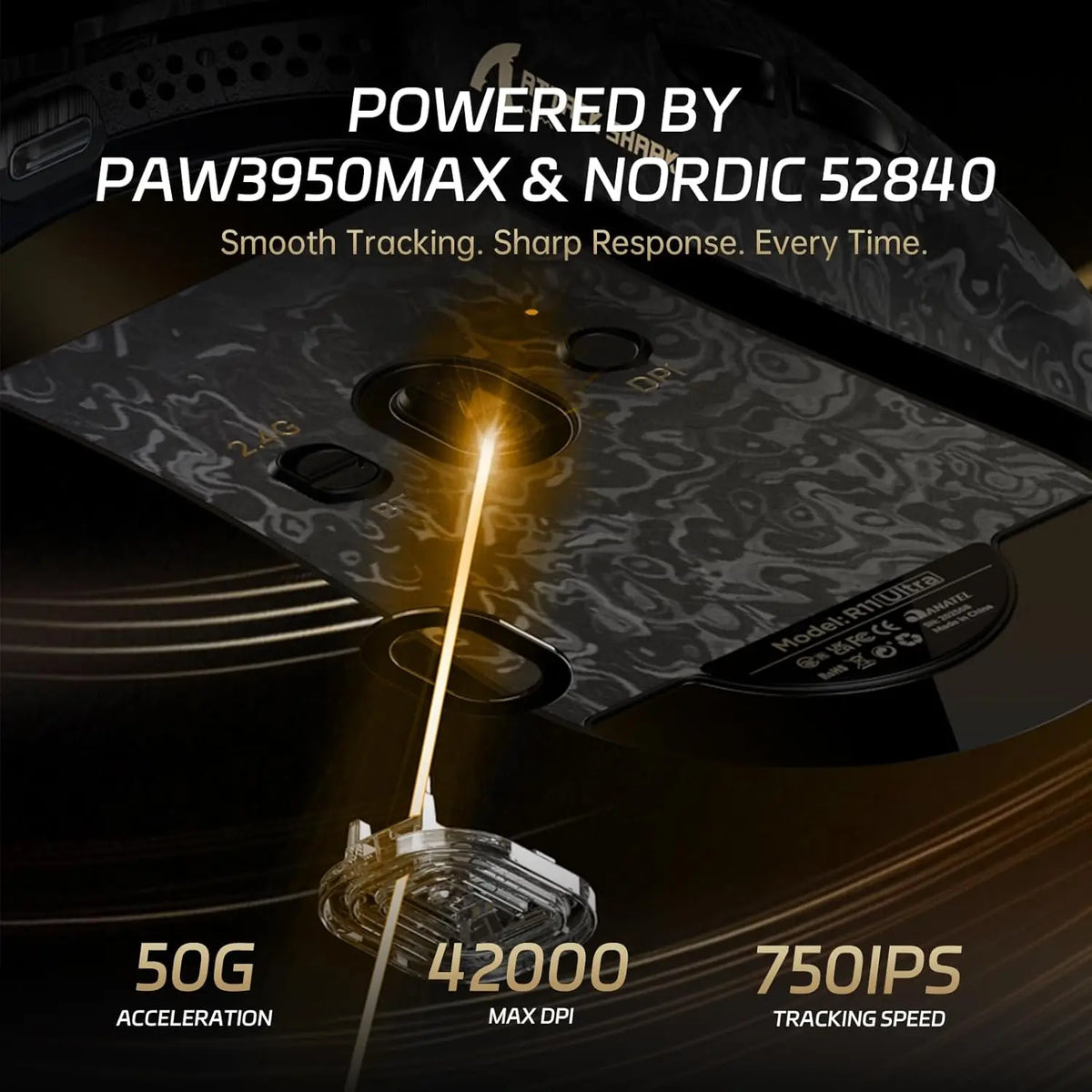 Close-up of a wireless gaming mouse with a bright light beam demonstrating smooth tracking and sharp response.