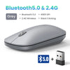 Grey ultra-slim wireless Bluetooth mouse with a 5.0 connector shown next to its specifications.