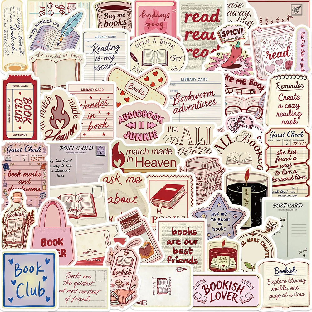 A collection of cartoon bookish aesthetic graffiti stickers featuring various book-related phrases and illustrations.