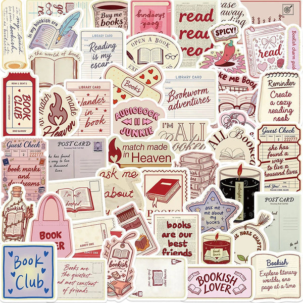 A collection of cartoon bookish aesthetic graffiti stickers featuring various book-related phrases and illustrations.